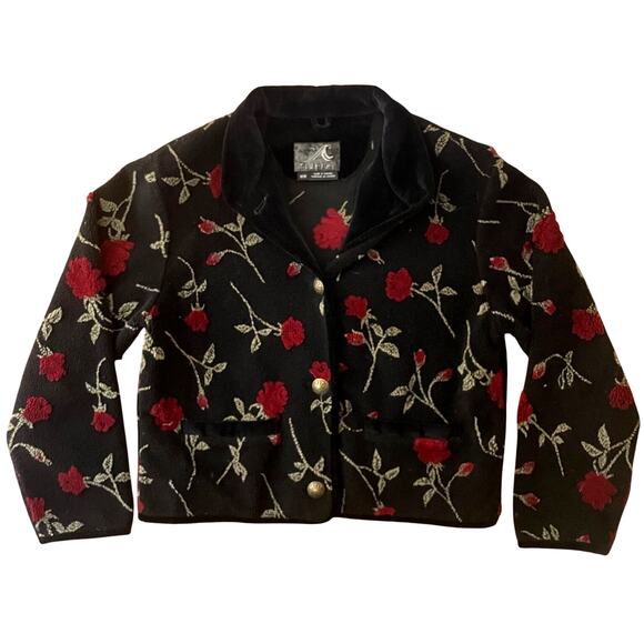 Vtg Tsunami Rose Print Fleece Jacket Black Floral Button Cropped Coat M Canada - Picture 1 of 9
